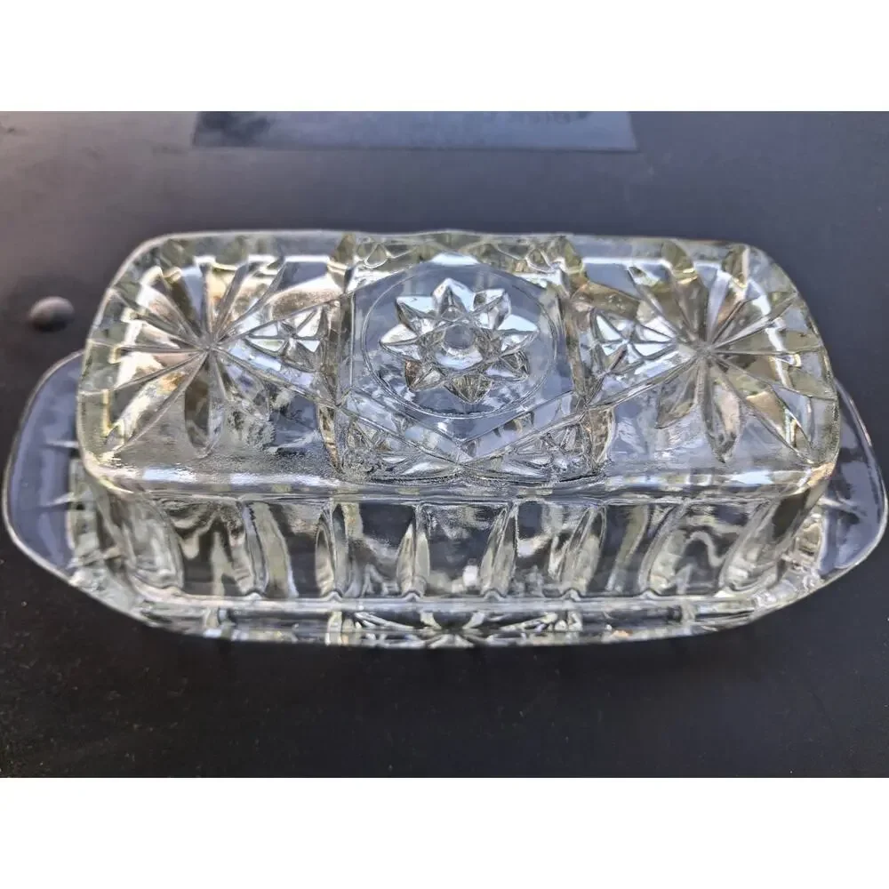 Anchor Hocking Star Of David American Prescut Glass Covered Butter Dish